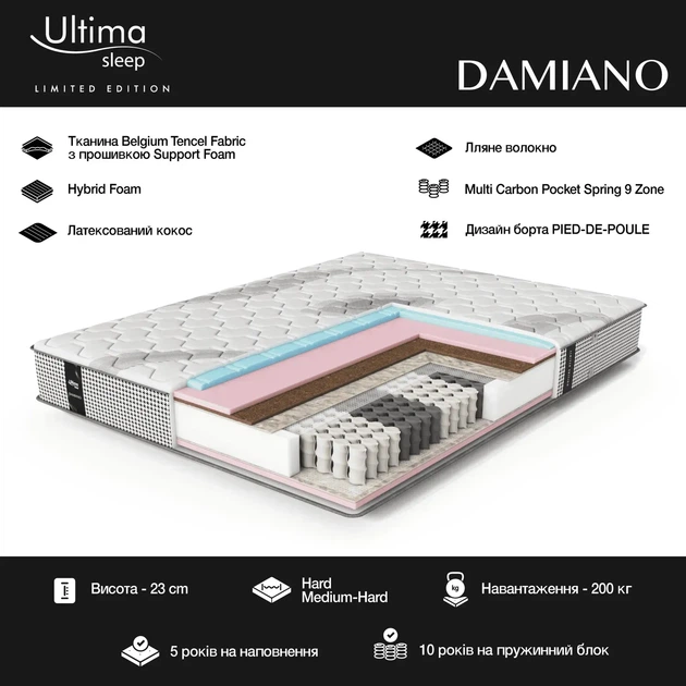 Ортопедичний матрац DAMIANO / ДАМІАНО Ultima Sleep 90x200 + Подарунок Подушка декоративна - Фото 2 Ортопедичний матрац DAMIANO / ДАМІАНО Ultima Sleep 90x200 + Подарунок Подушка декоративна - изображение 2
