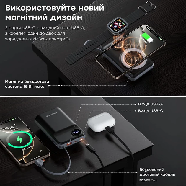 Повербанк Choetech B696 20 000мА•г Black з магнітною зарядкою - Фото 3 Повербанк Choetech B696 20 000мА•г Black з магнітною зарядкою - зображення 3