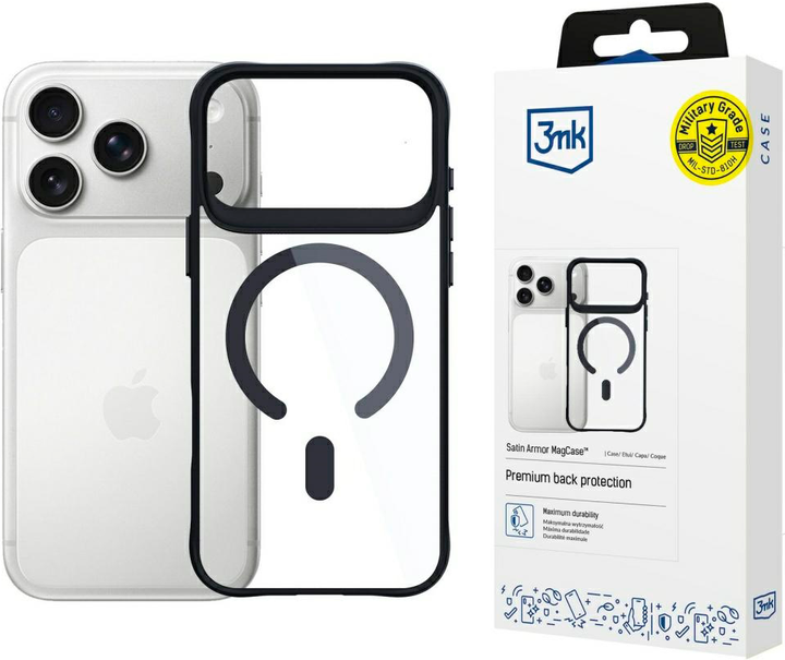 Etui plecki 3MK Satin Armor MagCase do Apple iPhone 17 Pro Max Transparent-Black (5903108665193) - obraz 5