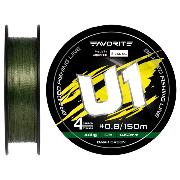 Шнур Favorite U1 PE 4x 150m (dark green) #0.8/0.153mm 10lb/4.8kg - Фото 1 Шнур Favorite U1 PE 4x 150m (dark green) #0.8/0.153mm 10lb/4.8kg - изображение 1