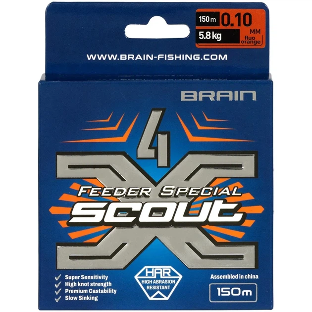 Шнур Brain Scout 4X 150m (fluoro Orange) 0.100mm 5.8kg - изображение 2