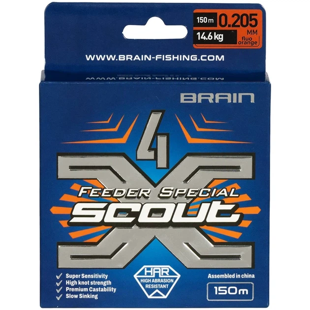Шнур Brain Scout 4X 150m (fluoro Orange) 0.205mm 14.6kg - изображение 2
