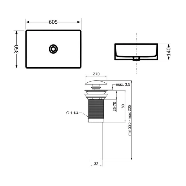Раковина накладна Qtap Tern 610x350x135 мм, Stone grey, прямокутна, з донним клапаном QTTER188SG49789 - изображение 2
