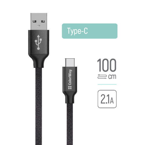 Кабель USB Type-C ColorWay CW-CBUC003-BK 2,1А 1м чорний - Фото 2 Кабель USB Type-C ColorWay CW-CBUC003-BK 2,1А 1м чорний - изображение 2