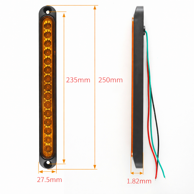 Габаритний світлодіодний LED ліхтар 15 діодів 250×28×19 мм (12–24V) жовтого світіння (статичний/тьмяний режим) для вантажівок та причепів - Фото 3 Габаритний світлодіодний LED ліхтар 15 діодів 250×28×19 мм (12–24V) жовтого світіння (статичний/тьмяний режим) для вантажівок та причепів - зображення 3