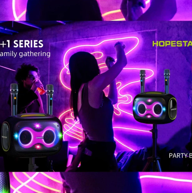Беспроводная портативная Bluetooth колонка Hopestar PARTYBOX 120 Вт с караоке, 2 беспроводными микрофонами, BT 5.3, USB, AUX, TF, TWS, аккумуляторная, чёрная - изображение 9