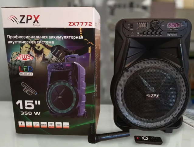 Портативна акустика ZPX-7772 350 Вт з мікрофоном, USB/FM/Bluetooth, LED-підсвітка, пульт управління на коліщатках, чорна - изображение 9