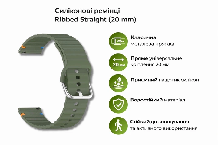 Ремешок BeCover Ribbed Straight 20mm для Samsung Galaxy Watch 7 40/44mm/7 FE/6/6 Classic/5/5 Pro/4/4 Classic/Watch 3 41mm Khaki (BC_714846) - изображение 4