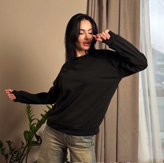 Базовая теплая женская кофта свитшот на флисе свободного кроя 42-44, Черный - изображение 2