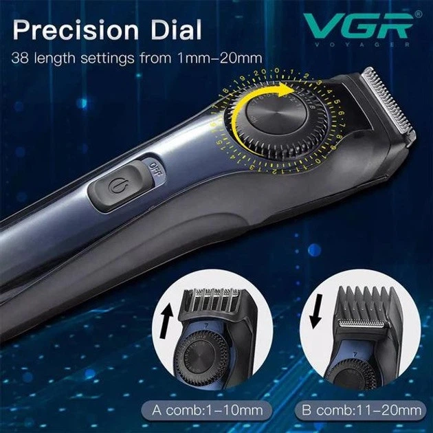 Мужской аккумуляторный триммер VGR V-080 с регулировкой длины на корпусе для стрижки волос, бороды 5 Вт Синий - изображение 5