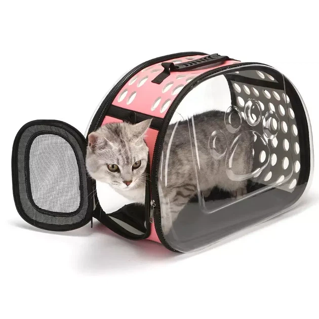Сумка переноска для кота кошки котят собаки домашних животных до 8 кг прозрачная с ремешком на плечо кошачьи сумки для переноски котов кошек собак котенка розовая 42x28x32 см (002157) - изображение 9