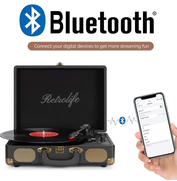 Вінтажний програвач Retrolife у чемодані Вініловий програвач у ретро стилі з Bluetooth динаміками у кейсі, чорний - зображення 3
