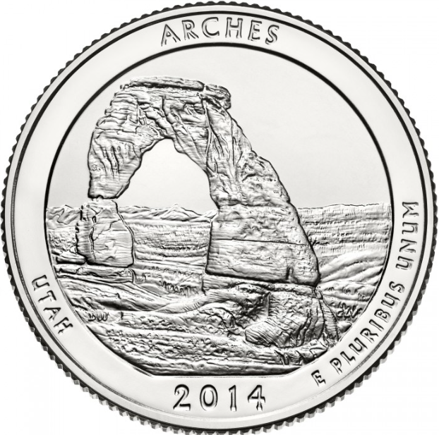 Монета 25 центів (квотер) США 2014 P UNC "Національний парк - Арки". Arches National Park (quarter) - Фото 1 Монета 25 центів (квотер) США 2014 P UNC "Національний парк - Арки". Arches National Park (quarter) - изображение 1