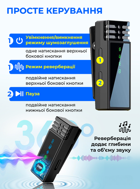 Микрофон для телефона петличный беспроводной для айфона андроида с подавлением шума ветрозащитой зарядным кейсом планшета смартофона пк одна мини петличка для блогера стрим тикток 2 шт Type-C Lightning Черный 73716 - изображение 4