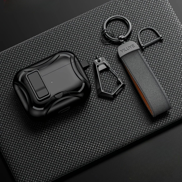 Чохол YILUYE для AirPods Pro 2 з карабіном, клямкою та підставкою, чорний - Фото 2 Чохол YILUYE для AirPods Pro 2 з карабіном, клямкою та підставкою, чорний - зображення 2