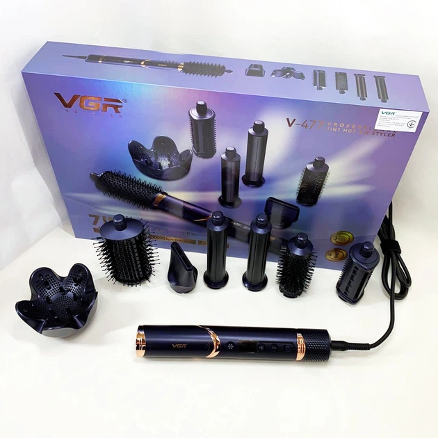 Фен-стайлер для волос 7в1 VGR V-477 DARK Blue Professional 1400 Вт 7 насадок - изображение 3