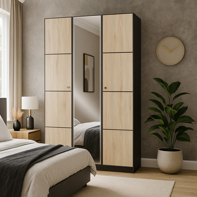 Шкаф 3Д с зеркалом распашной Fantaziya Mebel Service Венге темный + Дуб самоа 135х56х216 см - Фото 3 Шкаф 3Д с зеркалом распашной Fantaziya Mebel Service Венге темный + Дуб самоа 135х56х216 см - изображение 3