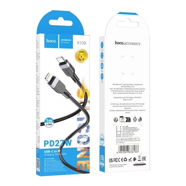 Кабель USB Type-C to Lightning 27W 1м силиконовый черный Hoco X109 - изображение 3