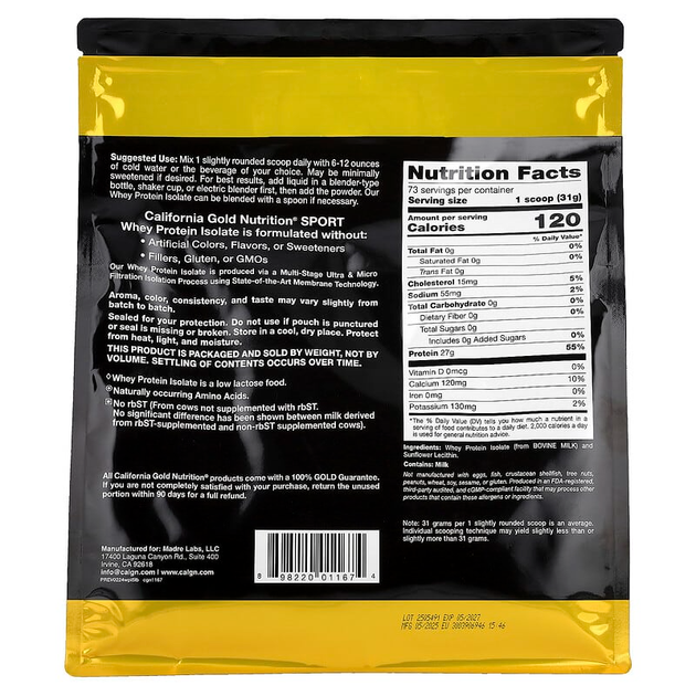 Изолят сывороточного протеина California GOLD Nutrition, SPORT "Whey Protein Isolate" без вкуса (2270 г) - изображение 2