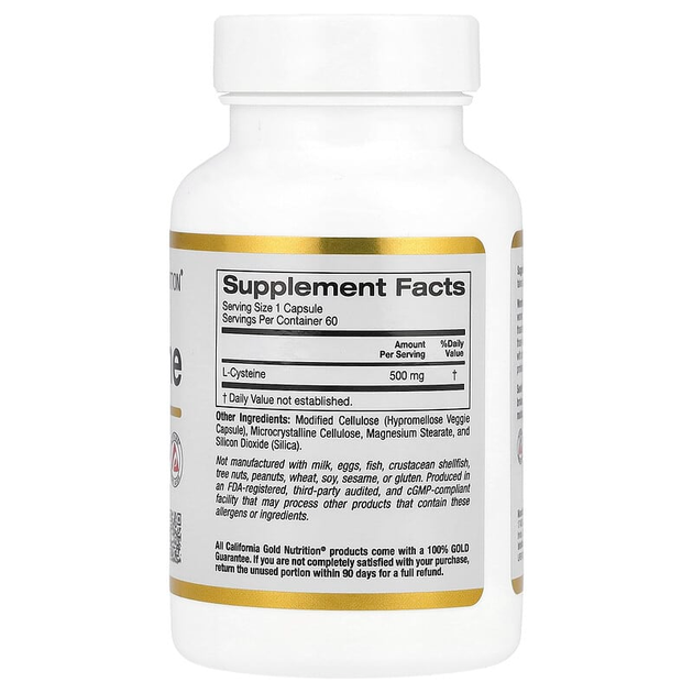L-Цистеин California GOLD Nutrition "L-Cysteine" AjiPure, аминокислота для здоровья кожи, волос и ногтей, 500 мг (60 растительных капсул) - изображение 2