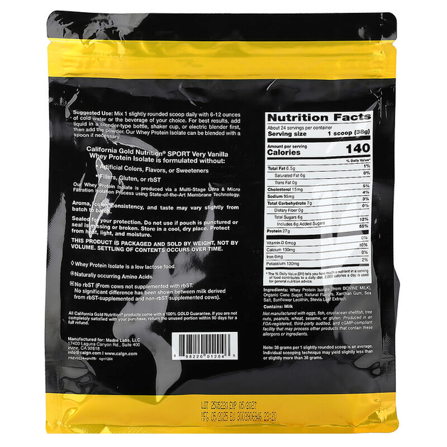 Изолят сывороточного протеина California GOLD Nutrition, SPORT "Very Vanilla Whey Protein Isolate" натуральный с органическим тростниковым сахаром и подсолнечным лецитином, со вкусом ванили (907 г / 2 фунта) - Фото 2 Изолят сывороточного протеина California GOLD Nutrition, SPORT "Very Vanilla Whey Protein Isolate" натуральный с органическим тростниковым сахаром и подсолнечным лецитином, со вкусом ванили (907 г / 2 фунта) - изображение 2