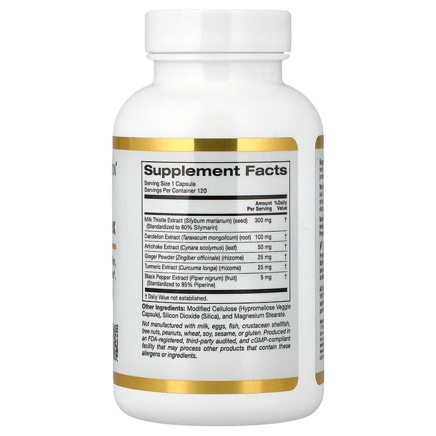 Силімариновий комплекс California GOLD Nutrition "Silymarin Complex" екстракт розторопші з кульбабою, артишоком, куркуміном C3, імбиром та BioPerine для очищення печінки, 300 мг (120 вегетаріанських капсул) - зображення 2