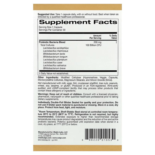 Пробіотики California GOLD Nutrition "LactoBif 100" 8 активних штамів, 100 млрд ДЕЩО (30 капсул) - Фото 2 Пробіотики California GOLD Nutrition "LactoBif 100" 8 активних штамів, 100 млрд ДЕЩО (30 капсул) - зображення 2