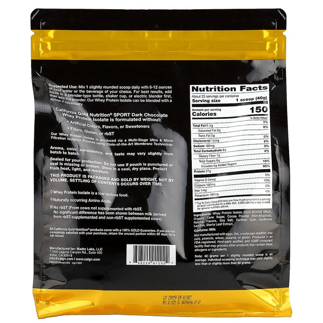 Изолят сывороточного протеина California GOLD Nutrition, SPORT "Dark Chocolate Whey Protein Isolate" с низким содержанием лактозы, со вкусом тёмного шоколада (907 г / 2 фунта) - изображение 2