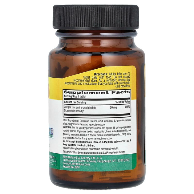 Хелатний цинк Country Life "Chelated Zinc" 50 мг (100 таблеток) - зображення 2