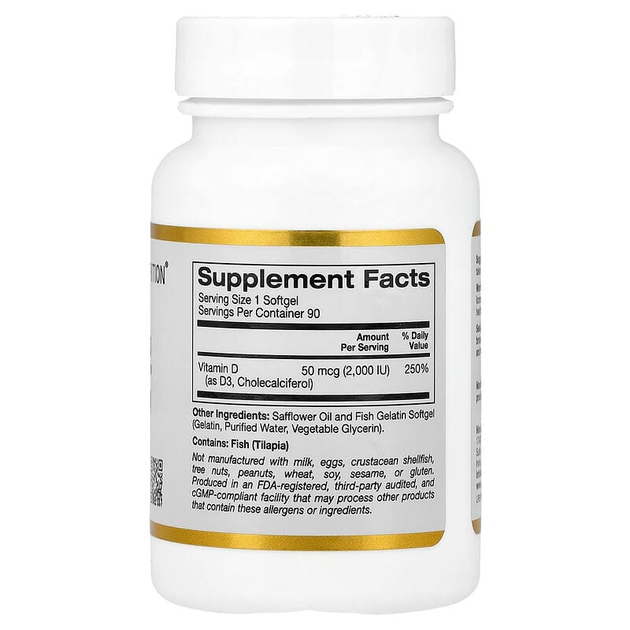 Вітамін D3, California GOLD Nutrition "Vitamin D3" холекальциферол, 2000 МО (90 гельових капсул) - Фото 2 Вітамін D3, California GOLD Nutrition "Vitamin D3" холекальциферол, 2000 МО (90 гельових капсул) - зображення 2