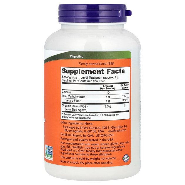Чистый инулин в порошке NOW Foods "Inulin Prebiotic Pure Powder" сертифицированный органический пребиотик для пищеварения из голубой агавы (227 г / 8 унций) - изображение 2