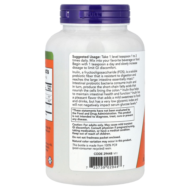 Чистый инулин в порошке NOW Foods "Inulin Prebiotic Pure Powder" сертифицированный органический пребиотик для пищеварения из голубой агавы (227 г / 8 унций) - изображение 3