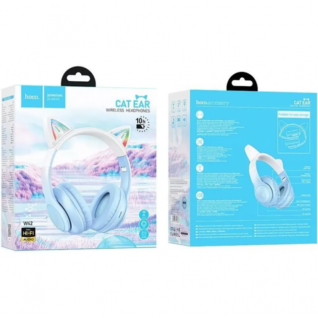 Навушники бездротові з котячими вушками та LED підсвічуванням Hoco W42 Cat Ear Bluetooth TF-карта AUX Блакитні з білим - Фото 5 Навушники бездротові з котячими вушками та LED підсвічуванням Hoco W42 Cat Ear Bluetooth TF-карта AUX Блакитні з білим - зображення 5