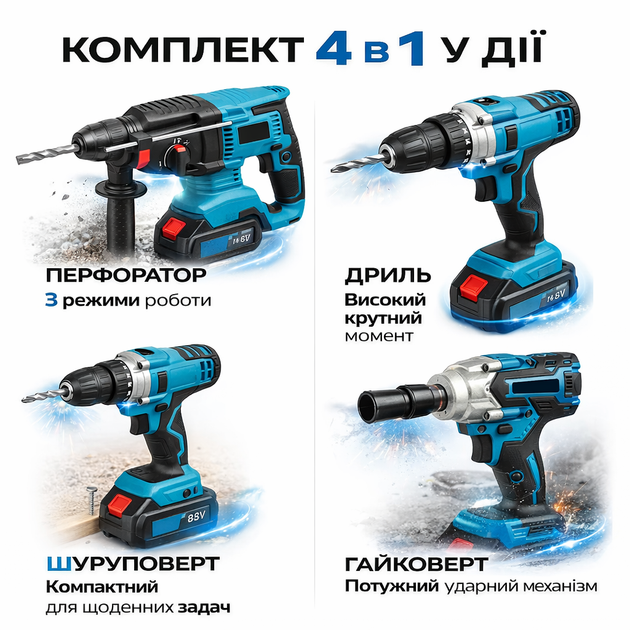 Універсальний акумуляторний набір інструментів MTS 4в1: гайковерт + дриль + шуруповерт + реверсивна тріскачка, 48V, 2 акумулятори - изображение 9