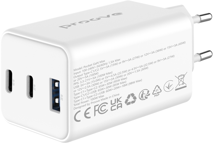 Мережевий зарядний пристрій Proove Pocket GaN 65W (2 x Type-C + USB) White (POCKET GAN 65W USB-C WH) - зображення 4