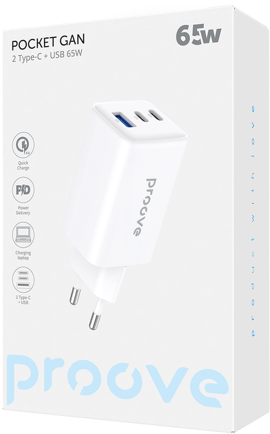 Мережевий зарядний пристрій Proove Pocket GaN 65W (2 x Type-C + USB) White (POCKET GAN 65W USB-C WH) - зображення 5