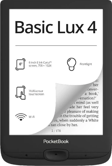 Электронная книга 6" Basic Lux 4 / 8ГБ / Wi-Fi / SD слот / сенсорный E-Ink экран (758 × 1024) / Настраиваемая яркость / Динамики / Черный (PB618-P-WW) Б/В - изображение 4