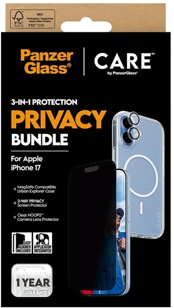 Szkło hartowane CARE by PanzerGlass Flagship Privacy 3 in 1 do Apple iPhone 17 etui + szkło hartowane + szkło do obiektywów (5715685027413) - obraz 5