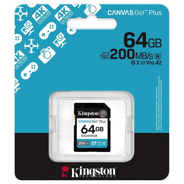 Карта пам'яті Kingston SD 64GB C10 UHS-I U3 V30 R200MB/s (SDG4/64GB) - Фото 3 Карта пам'яті Kingston SD 64GB C10 UHS-I U3 V30 R200MB/s (SDG4/64GB) - зображення 3