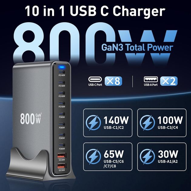 Зарядна станція багатопортова ILEPO 800W на 2 USB + 8 Type-C / мережевий мультизарядний пристрій Black (19022) - зображення 2
