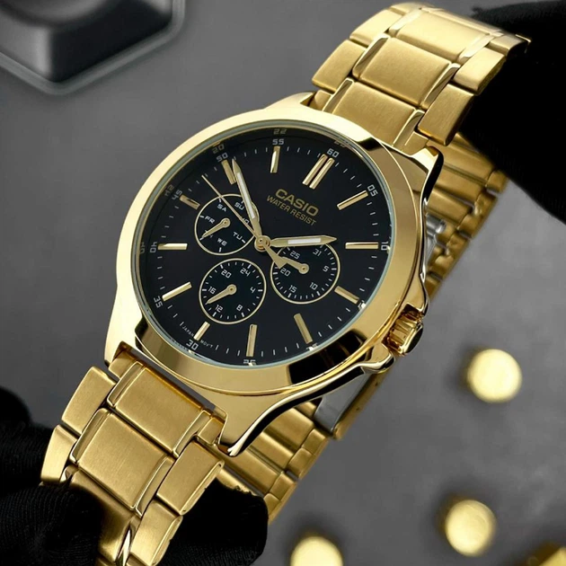 Чоловічий класичний годинник Casio MTP-V300G-1A золотистий з чорним циферблатом - зображення 2