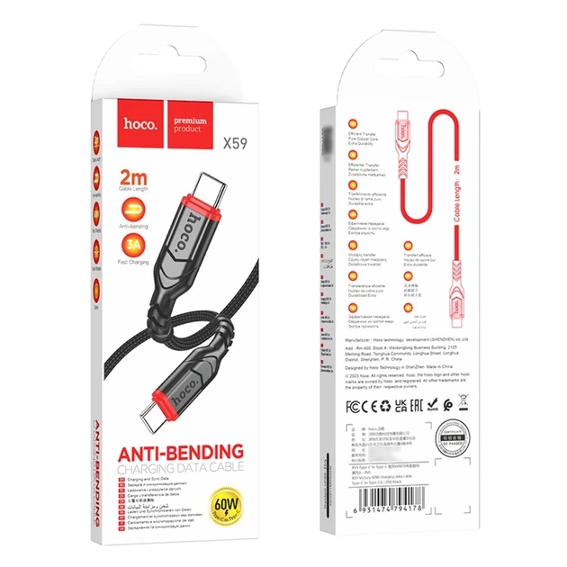 USB кабель для швидкої зарядки HOCO X59 Type-C / Type-C 60W 2 м Чорний - Фото 5 USB кабель для швидкої зарядки HOCO X59 Type-C / Type-C 60W 2 м Чорний - зображення 5