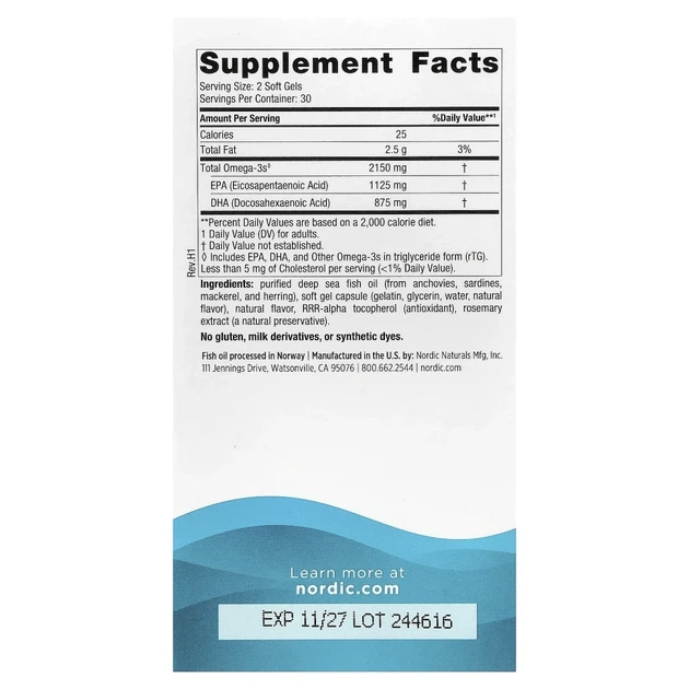 Nordic Naturals, Ultimate Omega 2X, омега-3 кислоти, з лимонним смаком, 2150 мг, 60 капсул (1075 мг у капсулі) (NOR-02150) - изображение 2