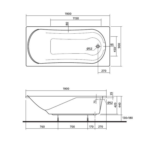 Ванна акриловая KOLO COMFORT 190х90 (XWP3090000) + ножки SN8/SN7/SN0 - изображение 3