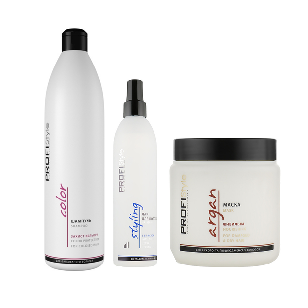Набор для волос ProfiStyle: шампунь Color 1000 мл маска Argan 500 мл и лак Styling 250 мл - Фото 1 Набор для волос ProfiStyle: шампунь Color 1000 мл маска Argan 500 мл и лак Styling 250 мл - изображение 1
