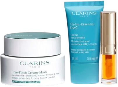 Zestaw do pielęgnacji twarzy Clarins Cryo-Flash Cream Mask Holiday Season Kosmetyczka + Maska nawilżająca 75 ml + Krem na dzień 15 ml + Olejek do ust 1.4 ml (3666057389672) - obraz 2