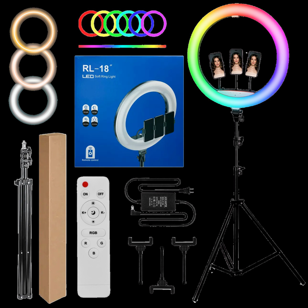 Кольцевая LED лампа RGB 18 дюймов для блогеров и фотографов с регулировкой яркости и дистанционным управлением - изображение 2