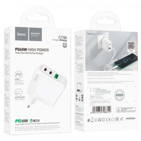 Зарядний пристрій Hoco C115A (2Type-C+USB) PD65W+QC3.0 White - зображення 3
