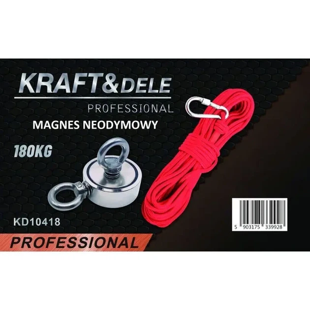 Неодимовий пошуковий магніт з мотузкою Kraft&Dele KD10418 180 кг для пошуку металу у воді річці колодязі озері односторонній тяговий пристрій 67x28 мм для пошуку скарбів і підйому металевих предметів - зображення 9