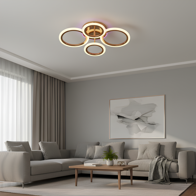 Потолочная LED люстра с пультом и акриловыми кольцами 60W+14W подсветка корпуса 3000–6500K золотистая Svet SY-26255/2+2C FGD - изображение 4